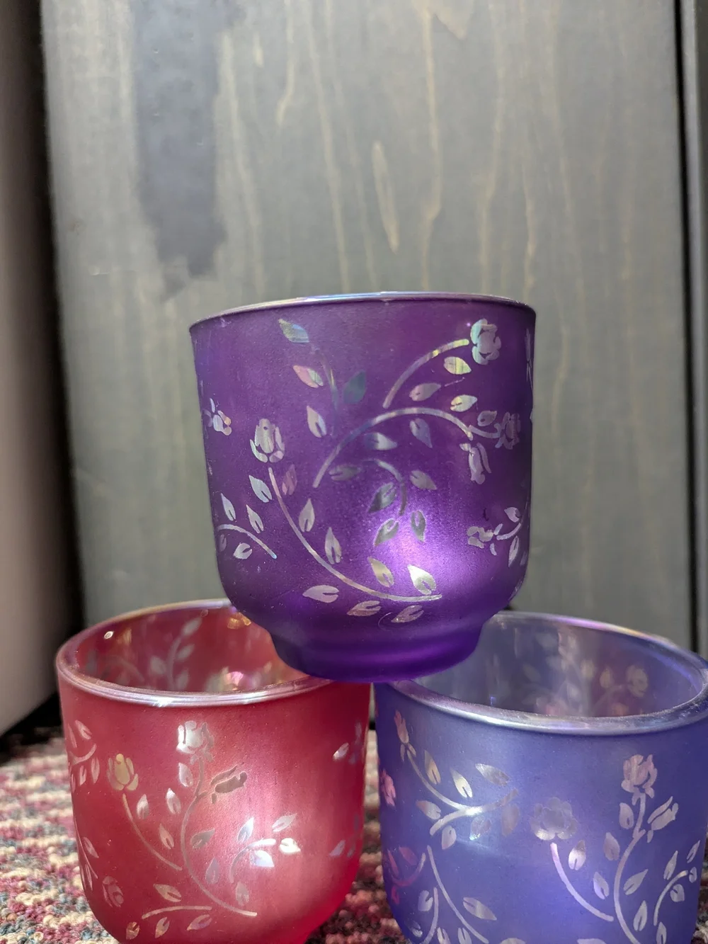 Vintage Floral Frosted Glass Votive Set - Yellow, Purple, Blue, Red